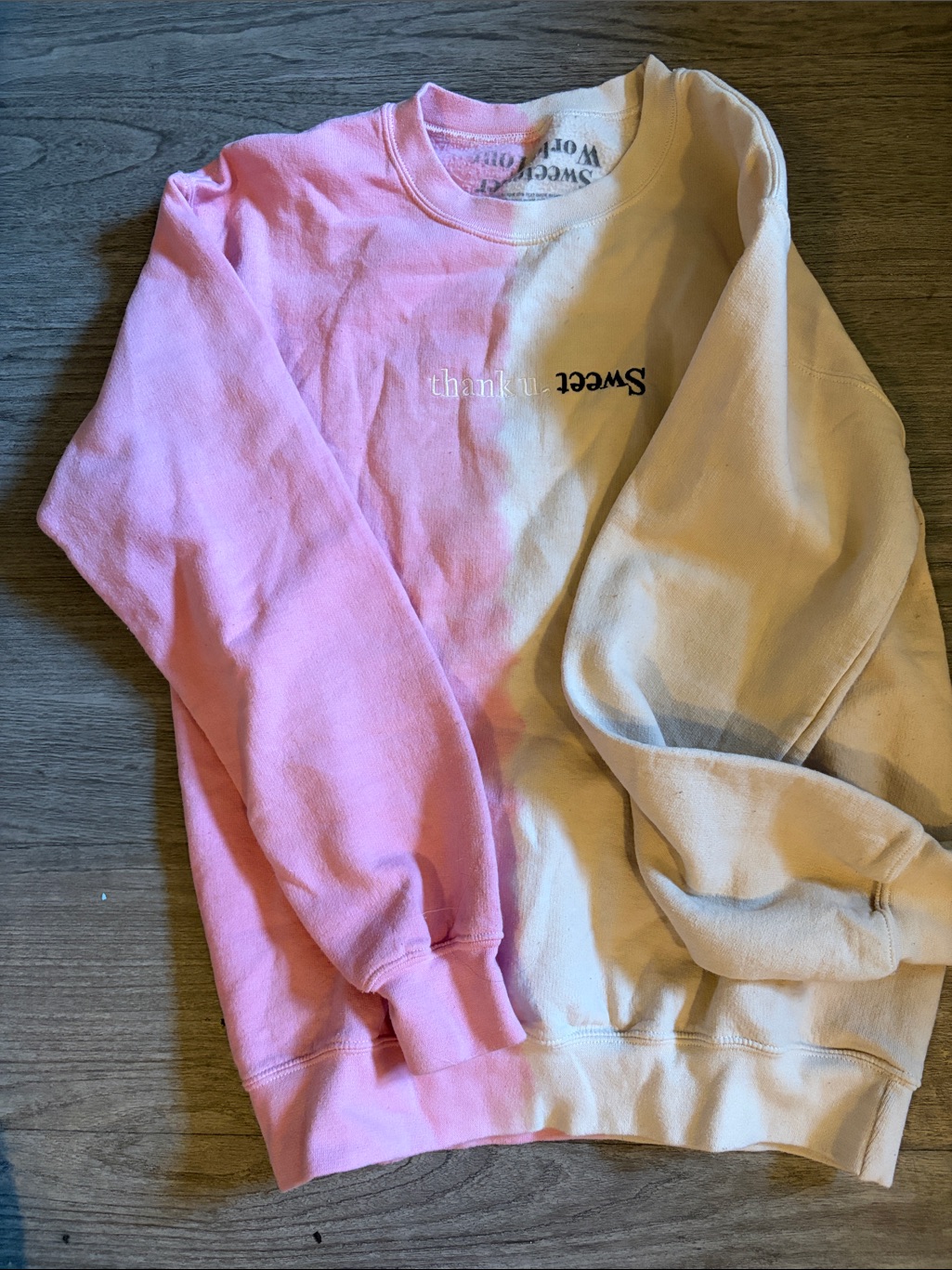 Thank You / Sweet Split Pink And Cream Crewneck Sweatshirt